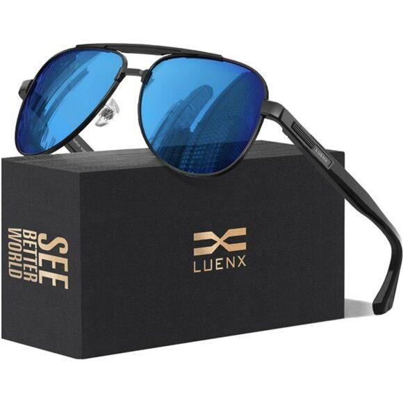 LUENX Mens Aviator Sunglasses Polarized UV400 Driving Shades Metal Frame - Picture 1 of 7